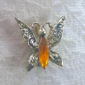 Vintage Miniature Butterfly Brooch Marquise Cut Amber Color Stone Filigree Pin